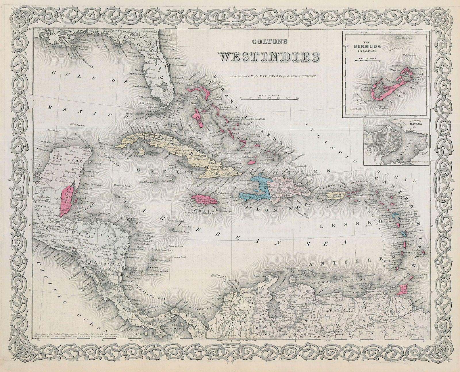 Colton's West Indies. Bermuda & Havana. Caribbean Antilles 1869 old map
